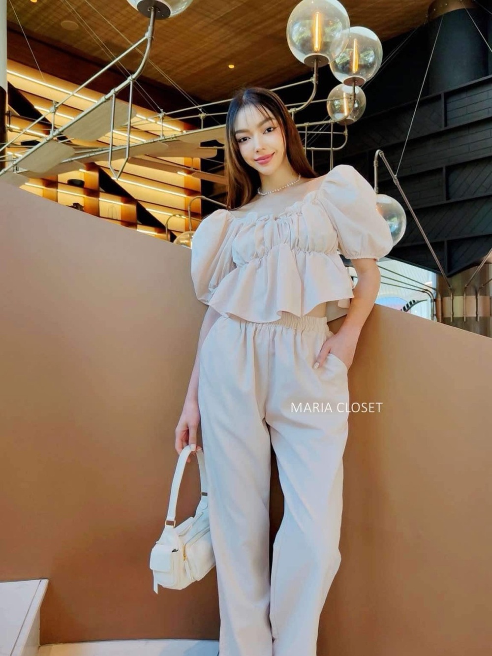 Maria Closet Cream Puff-Sleeve Jumpsuit